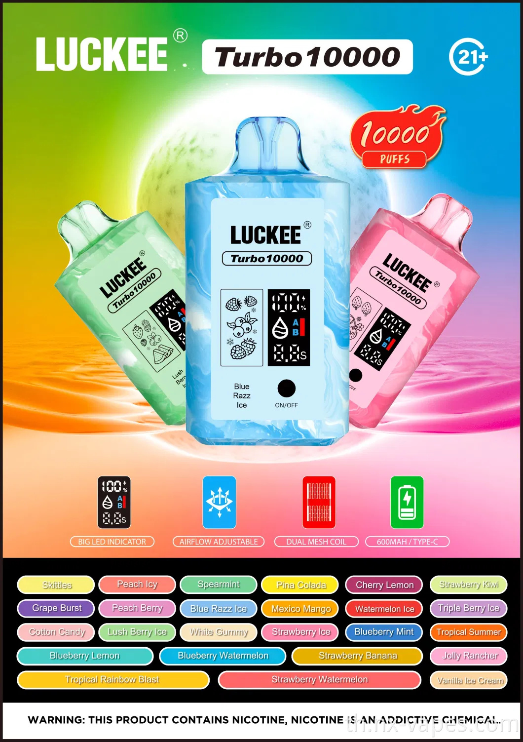 Luckee Turbo 10000puffs Vapes Mesh Coil Airflow ปรับการชาร์จแบบใช้แล้ว